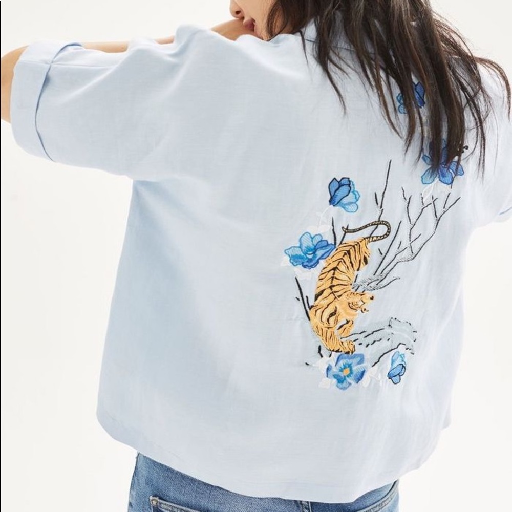 TopShop Kady Tiger Embroidered Blue Button Up